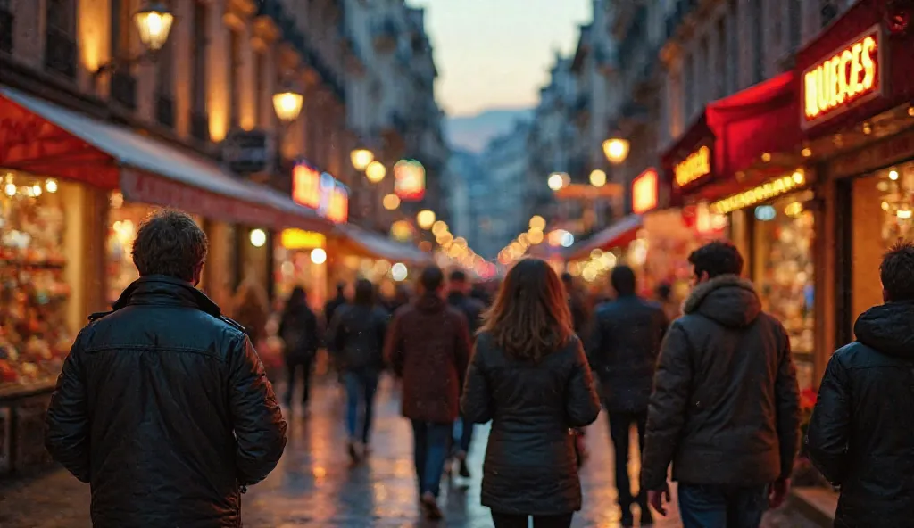  Beautiful, a busy European city street in the evening, shop windows start to glow, People, beautiful European appearance, hurrying home after work, first neon signs turn on, warm and cool color contrasts, cinematic style.