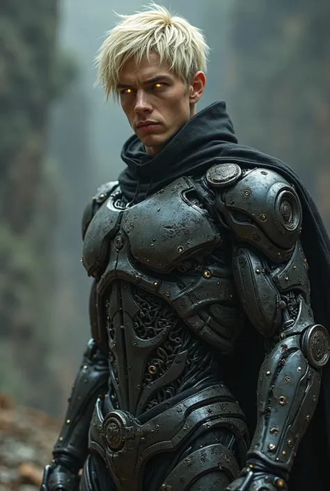 "Ultra-realistic 8K Cinematic Image"A man 
Genos
Blond cyborg, bright yellow eyes
Metal body with powerful mechanical arms
It wears dark clothes to match its robotic structure