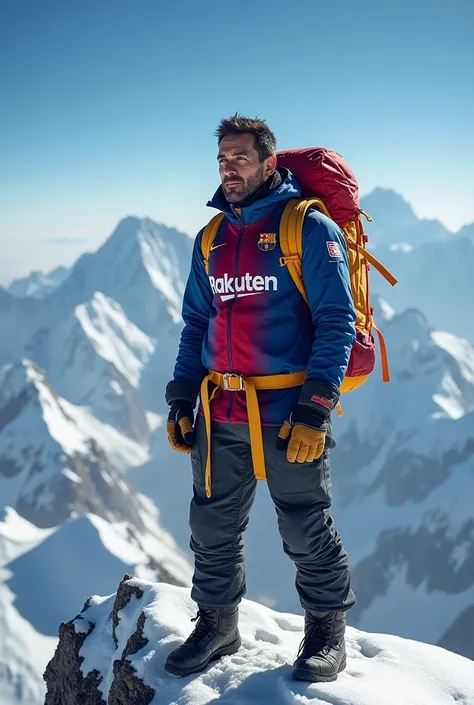 a man in mount everest with barcelona tshiret