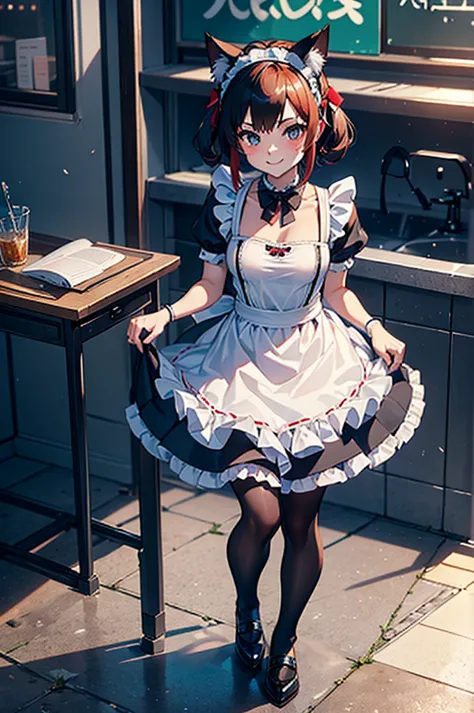 a cute femboy,solo,traps,twintail hair,cat ear headband,small breast,redface,shy,embrassed,smile,japan maid dress,black pantyhose,sitting, unkindpose in a city at afternoon time, full body.