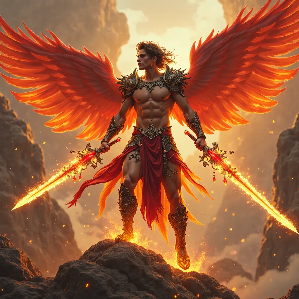 A celestial male, extremely handsome young male body builder with v-shaped torso with narrow waist. Muscular legs with big well rounded buttocks. Fiery eyes, large plump full Lucious lips. fierce flaming warrior in fiery red and black very sexy revealing h...