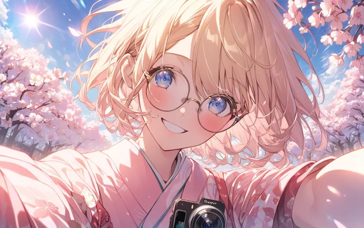 selfie,  cute girl taken with GoPro camera, smile, , soft lighting,, Solar flare,  girl with red glasses 、 blue eyes, Gold、bob hair、 bangs,  short hair、、alone、Pink Glasses、blond hair、 pink kimono 、Navy blue hakama、cherry blossoms、spring、cherry blossomsの花びら...