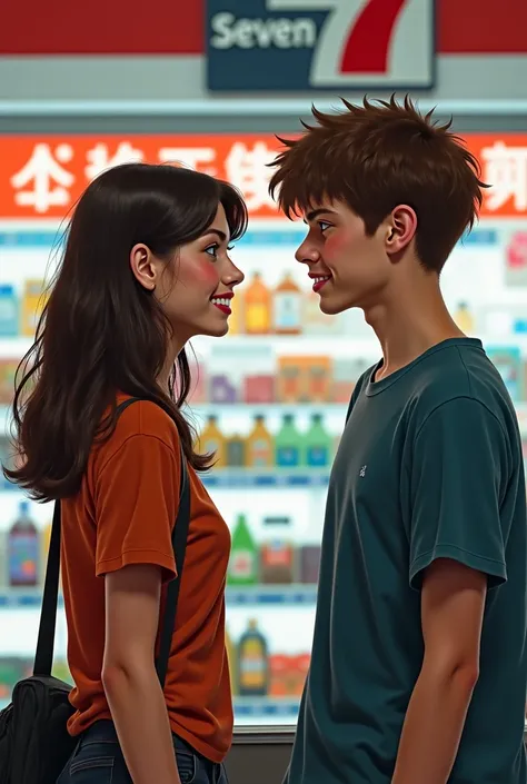 Deux jeunes dans un Seven (convenience store open 24/24). Ils ont 17ans. A brunette girl with blue eyes and a tanned complexion and a boy with brown hair and a sweet look for her. They meet for the first time. I want them to be one step away from each othe...