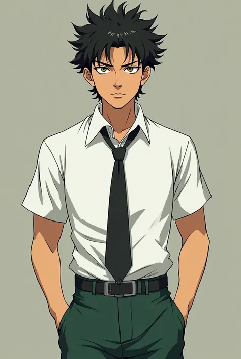 Josuke Higashikata from JoJo's Bizarre Adventure, exactly his physique and face and hair, but change his school uniform to Malaysian high school style, with white t shirt, a black tie and a loose dark green school pants.