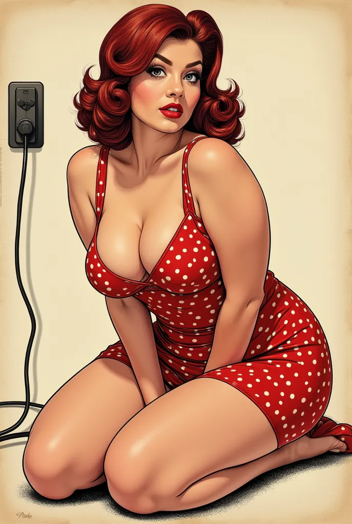 Nakedes retro pin up girl, Naked, nipple, black hair, Naked, BBW plus size , run big breasts, große nipple, rockabilly pin up art style.  red hair top Frau.  on her knees . Polkadot dress. less cleavage. Artistic. plus size. thick thighs.  NO CLEAVAGE . Sm...