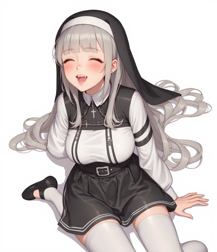  1 Girl , long hair, , 中等long hair  , ponytail, Smile, tooth, ,  Bare-Tooth Laughing , 露出下排tooth齒, 露出虎tooth,Yandere, Chest, Big breasts, nun costume , wearing rosary silver chain, Narrow skirt, Wide legs , stockings, Flats