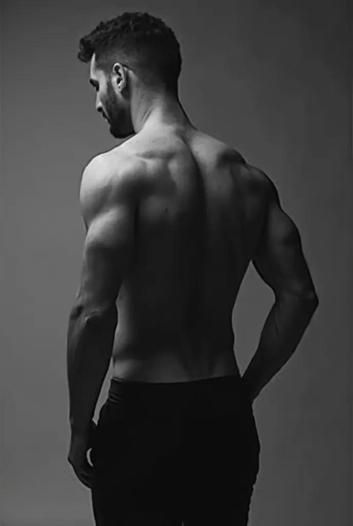 A tasteful black and white photograph of a man's back, demonstrating the toned and defined results of liposuction and body contouring, with artistic shadows accentuating his muscular physique.