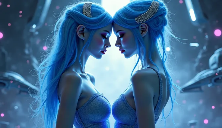 two beautiful blue sexy alien girls with long hair in dress. spaceships in background. close picture of alien girls.