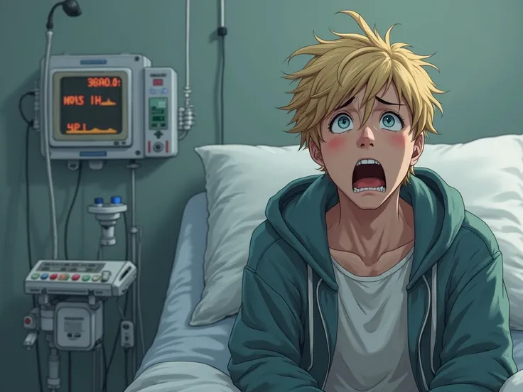 Create a photo of a male character about 18 years old, blond hair, wearing a t-shirt inside and a hoodie outside, main character in the right corner, blank left background. Emotions: Shock, Worry, confusion. The character is sitting on a hospital bed, surr...