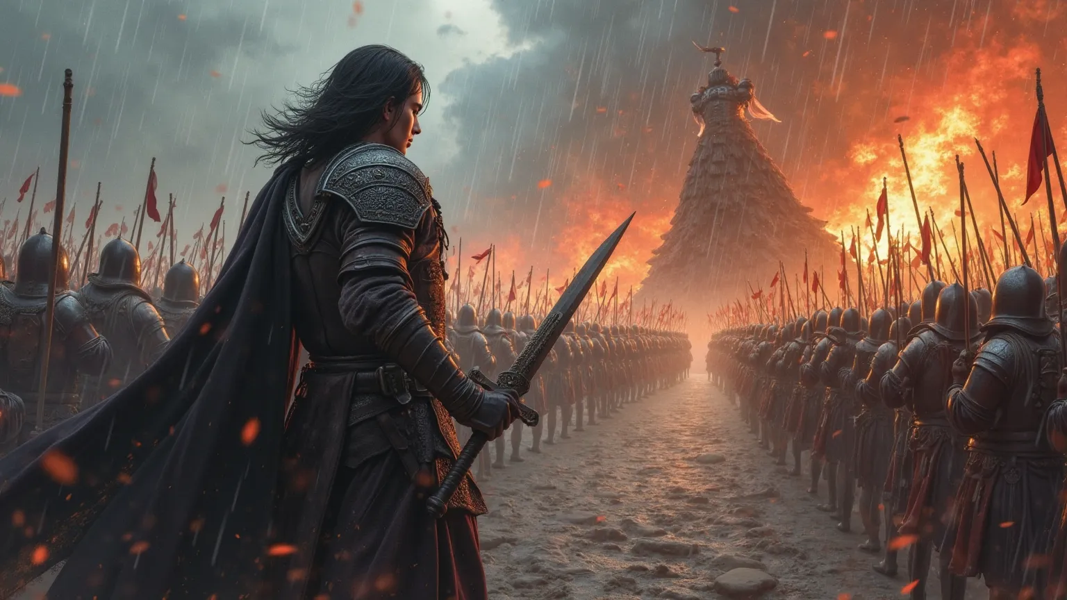 An epic battle between a tall, dark-haired young warrior in medieval combat uniform and an evil general, Battlegrounds Attacked by a Storm of Fire and Ice, Rain and Arrows、A duel where swords collide、Many other soldiers are watching