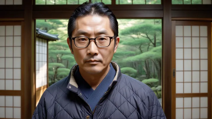 A realistic portrait of a middle-aged Japanese man, around 45 years old, with short, neatly combed hair and glasses. He has a serious yet calm expression, wearing a quilted jacket. The background features a traditional Japanese setting with wooden sliding ...