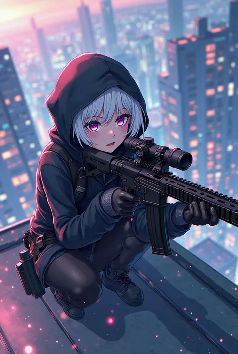 Japanese anime-style illustration of a girl with white short hair and purple eyes, wearing a black hoodie on a building in a prone position and shooting in front with a sniper rifle