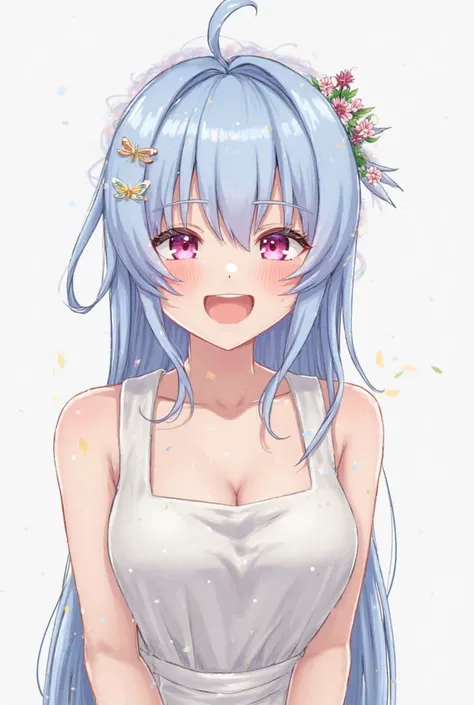 Characters,woman,Cartoonish,smile,Annoying Eyes,long hair,naked aprons,light blue hair tied at the top,Realistic Portraits,realistic,4K,high quality, super precise,Depicting every detail,professional,Vivid Colors,1 girl, 大きなchest,  blushes,chest, flower ha...