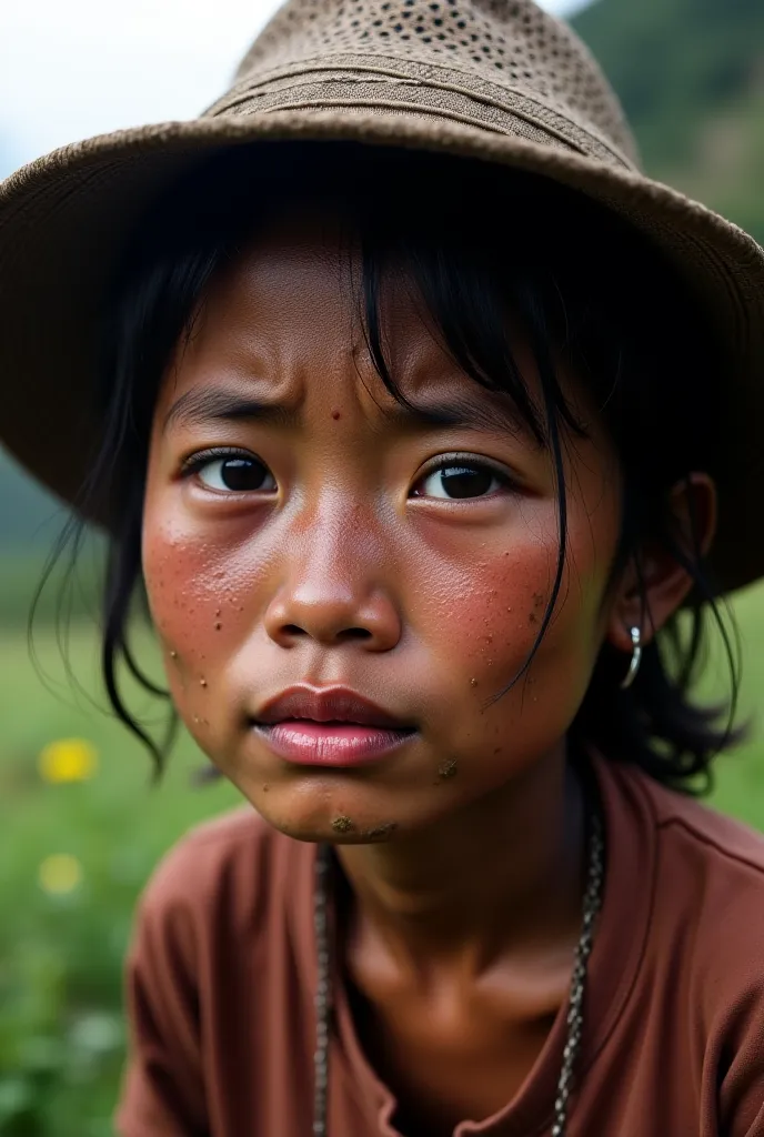 I want to create a picture of a  about .
The  is of Tay ethnicity.
Lives in the highlands of Vietnam.
Poverty and difficult circumstances.
Wear hats and traditional Tay costumes.
His face was sad and covered in mud.
The eyes are crying and streaming tears....