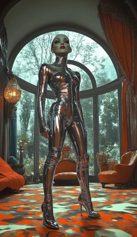 Psychedelic absurd surreal art. An asthenic model poses for a fashion magazine. Strange appearance. Strange conceptual clothes. Incredible shapes and materials. Baroque decor and decorations. The background is a large Baroque room. Lots of furniture. Fabri...