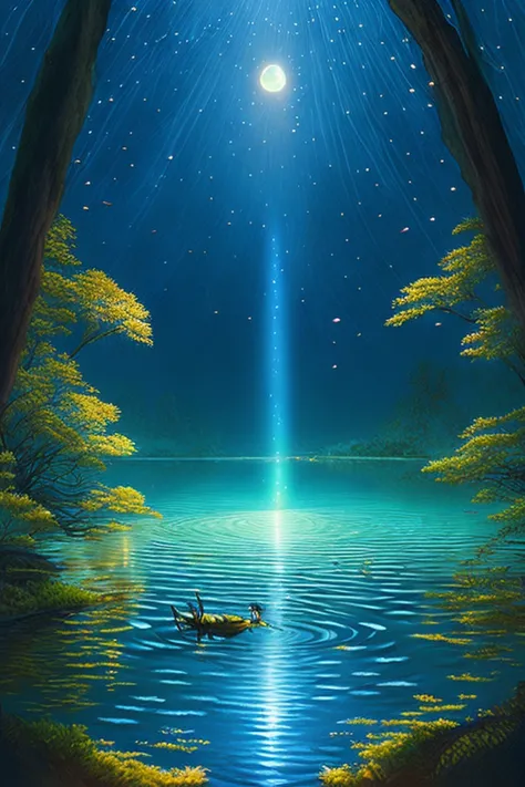 {{A ((magical and whimsical)) depiction of {((a glowing feather floating weightlessly over a crystal-clear lake at twilight))}}} with {((soft bioluminescence radiating from the feather, gently illuminating ripples on the water below))}. This is a {((fantas...