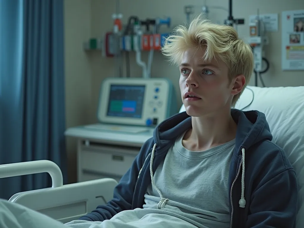 Create a photo of a male character about 18 years old, blond hair, wearing a t-shirt inside and a hoodie outside, main character right corner, blank left background. Emotions: Shock, Worry, confusion. The character is sitting on a hospital bed, surrounded ...