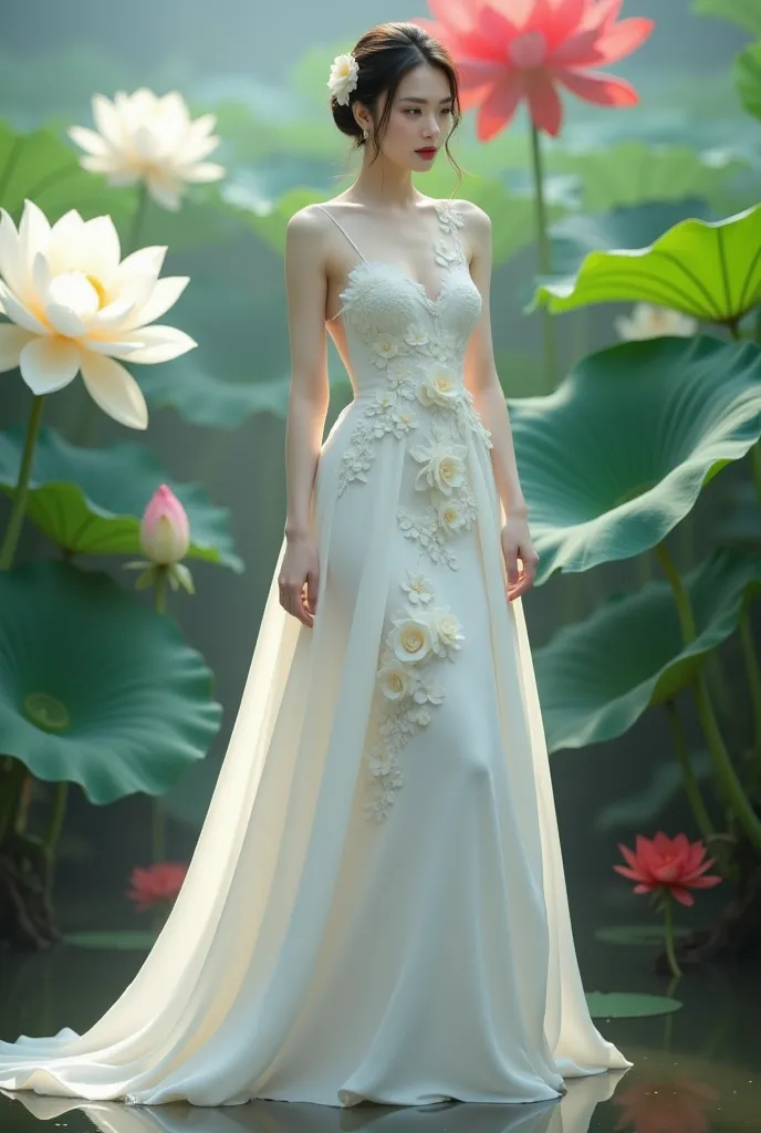 a woman in an elegant, flowing white gown adorned with floral designs. She is standing in a serene environment surrounded by large lotus flowers in various colors, including white and red, along with broad green leaves. The setting resembles a tranquil gar...