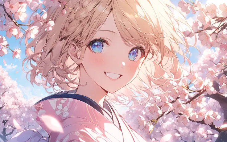 Pretty Girl, smile, , soft lighting,, Solar flare, Pink Glassesをかけた少女、 blue eyes, Gold、bob hair、 bangs,  short hair、、alone、Pink Glasses、blond hair、 pink kimono 、Navy blue hakama、cherry blossoms、spring、cherry blossomsの花びら、Pink Glasses、cherry blossomsの髪飾り