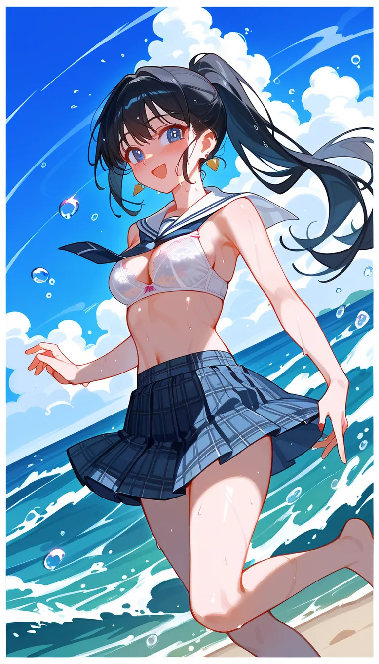 (beautiful girl : 1.3),1 girl,(See-through sailor suit,plaid skirt,bra,earrings, pure white underwear), black hair,ponytail,smile, is embarrassing,blush, get wet,sweat,bare feet,jump,blue sky,sunshine, sandy beach,wave droplets, moving,Dynamic Angle,master...