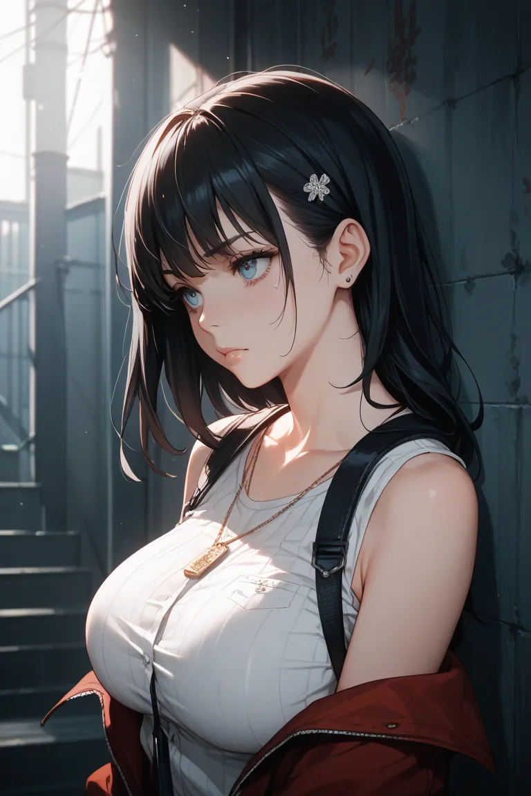 Very large breasts　 black hair　anime style　Pizuri　 troubled face