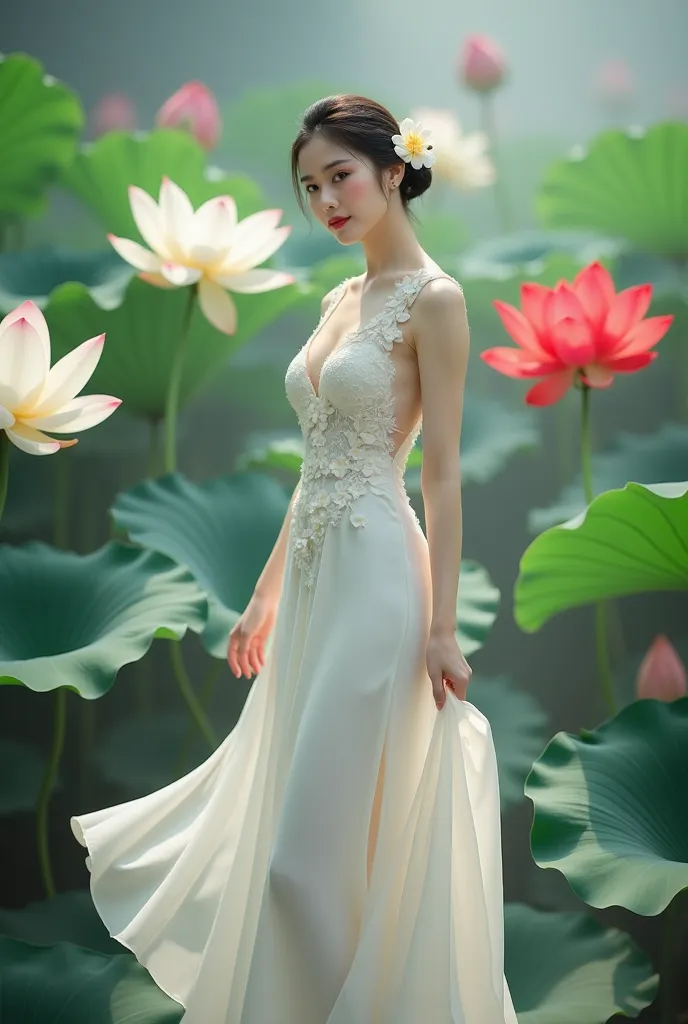 a woman in an elegant, flowing white gown adorned with floral designs. She is standing in a serene environment surrounded by large lotus flowers in various colors, including white and red, along with broad green leaves. The setting resembles a tranquil gar...