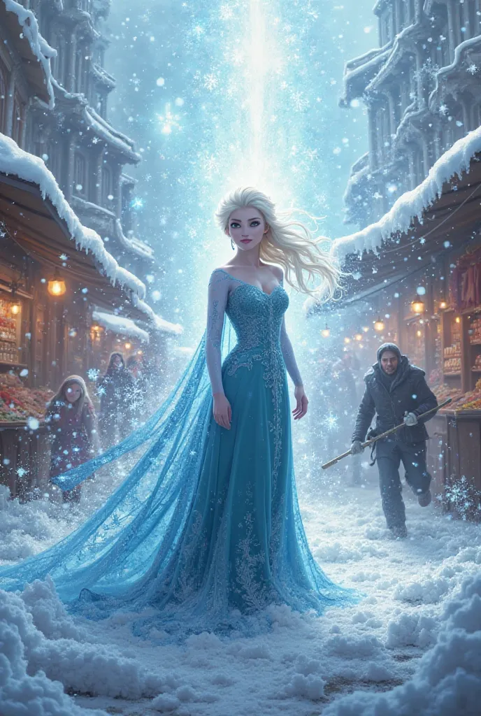 Elsa use her power and destroy a market and then poop
