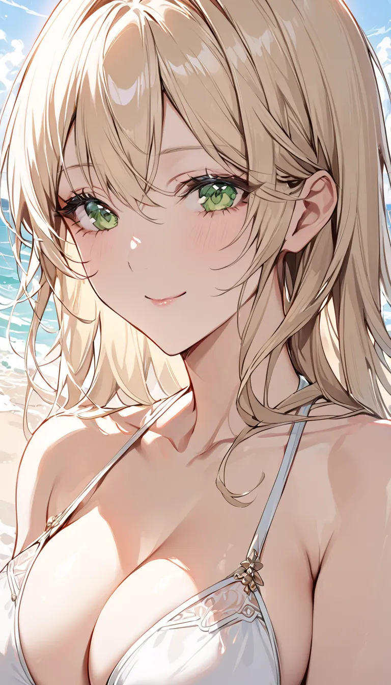 Detailed eye depiction，a mature woman，nice，beauty，grace，Big tits，Slender， golden long hair， Green Eyes ，Delicate five-pointed detail ，Delicate Eyes,  Seamless Connection ，gentle smile ，white bikini，modern， perfect human anatomy， seaside background