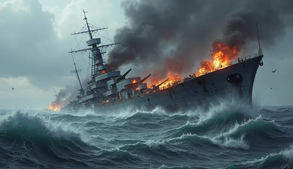 A burning cruiser sinks into the sea