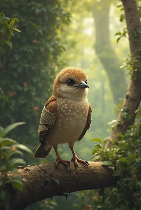 
"A small bird with light brown feathers and white spots on the chest. Its right wing is broken and wrapped in a cloth. It is standing on a low branch with eyes that express hope, in a green forest."