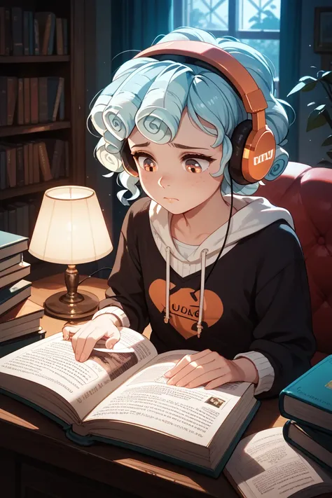 Girl reading a book sadly with headphones on