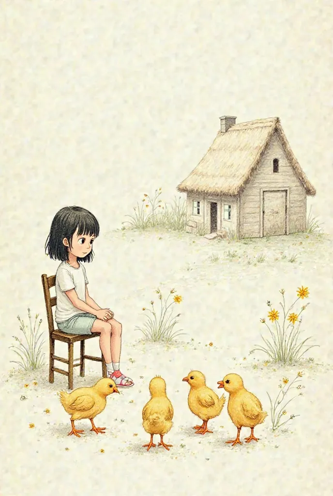 Colored pencil drawing . A young black-haired young girl sitting on a small chair watching the chicks in the yard. illustration of an old thatched house in the background 