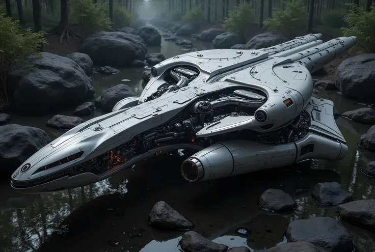 (full body shot) ，Reality,  looking from top to bottom , with technological detail and obvious mechanical structure,AERODYNAMICS OF GEOMETRY, 4K , A Damaged Futurist Spaceship, crashed in my home forest backyard，Park burnt weeds on the ground，, Realistical...