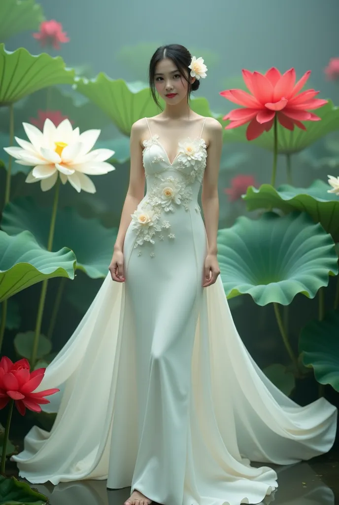 a woman in an elegant, flowing white gown adorned with floral designs. She is standing in a serene environment surrounded by large lotus flowers in various colors, including white and red, along with broad green leaves. The setting resembles a tranquil gar...