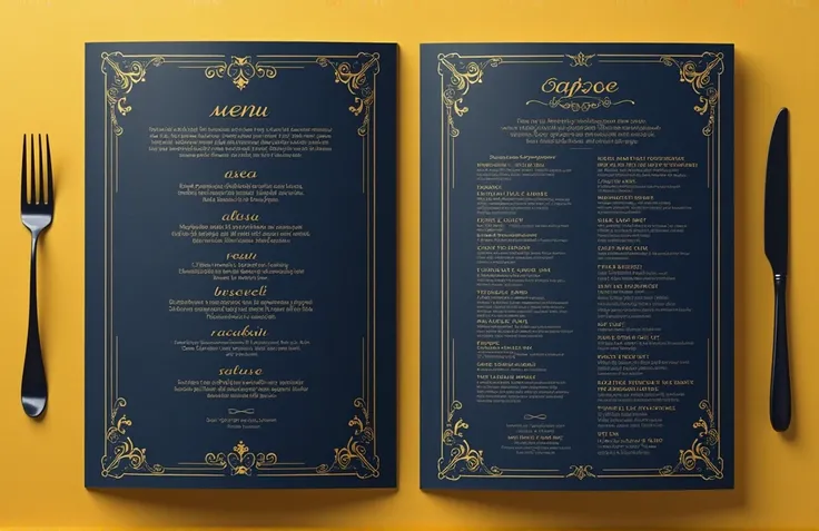 chic and classy bistro menu cover design with 12-course menu,The dominant color is navy blue,Yellow, black