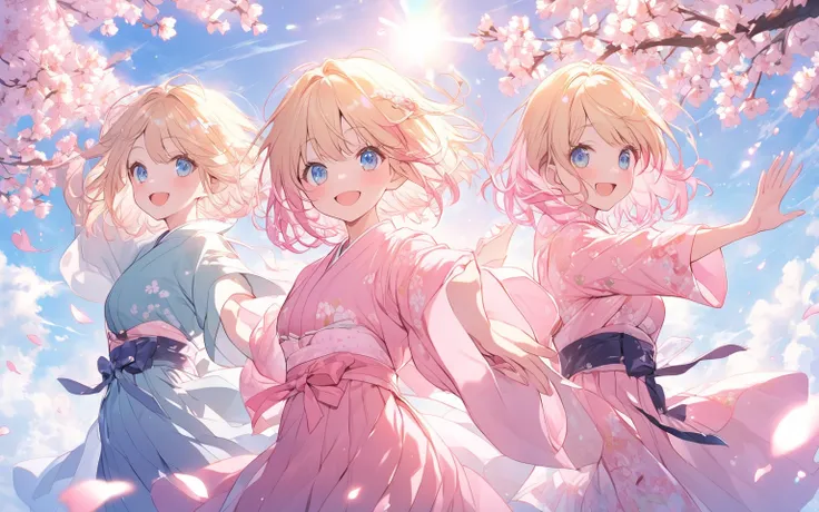 Pretty Girl, smile, , soft lighting,, Solar flare, Pink Glassesをかけた少女、 blue eyes, Gold、bob hair、 bangs,  short hair、、alone、Pink Glasses、blond hair、 pink kimono 、Navy blue hakama、cherry blossoms、spring、cherry blossomsの花びら、Pink Glasses、cherry blossomsの髪飾り、Ch...