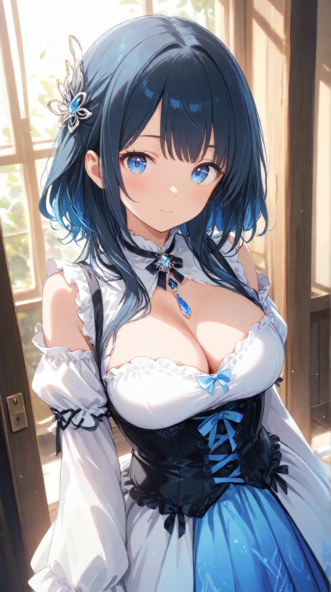 masterpiece,large breasts, long hair, (black hair1.5) , bangs, （1girl1.5）, 青リボン、Blue hairs ornament, 18 years old、breast focus、looking at viewer，full body，lolita ,fitted bodice