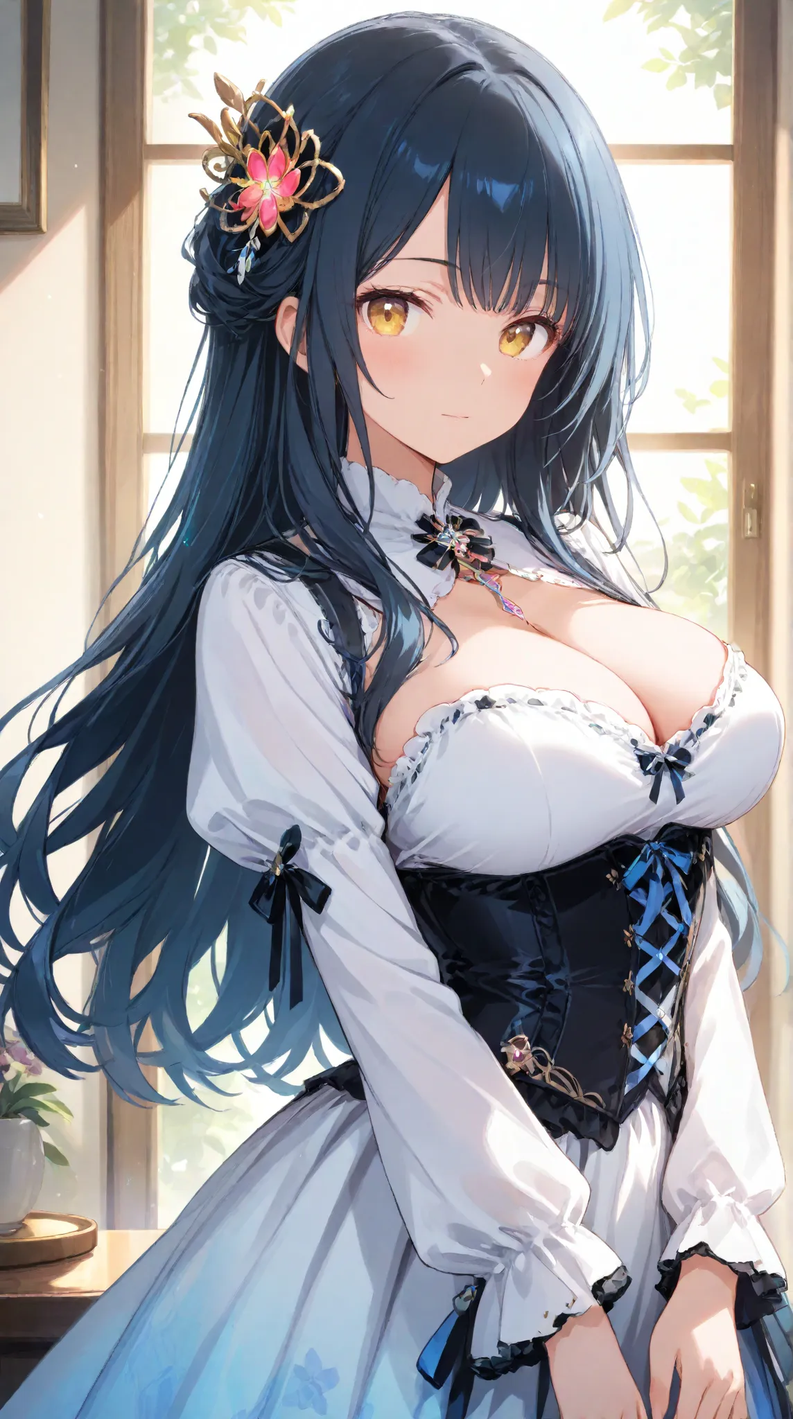 masterpiece,large breasts, long hair, (black hair1.5) , bangs, （1girl1.5）, 青リボン、Blue hairs ornament, 18 years old、breast focus、looking at viewer，full body，lolita ,fitted bodice