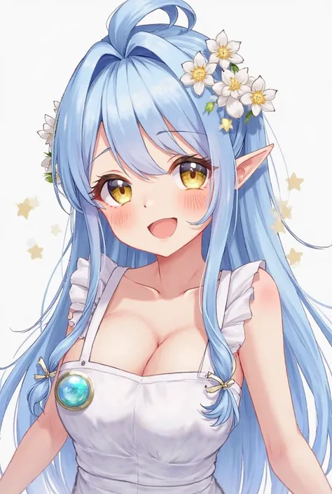 Characters,woman,Cartoonish,smile,Annoying Eyes,long hair,naked aprons,light blue hair tied at the top,Realistic Portraits,realistic,4K,high quality, super precise,Depicting every detail,professional,Vivid Colors,1 girl, 大きなchest,  blushes,chest, flower ha...