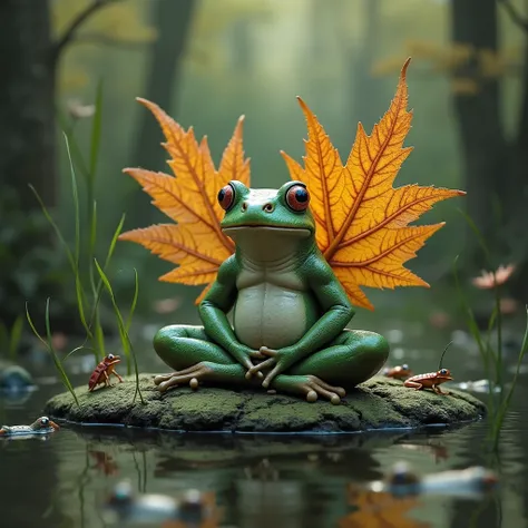 In the swamp, where life and death dance in an eternal waltz, a small oasis has arisen. On it, like a sculpture, a frog has frozen in the lotus position. Its wings of maple leaves are not just an ornament, but a metaphor for inevitable change, decay, and r...