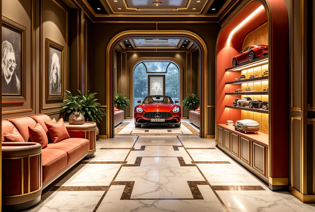 7.  Art Deco style car salon interior design,  gold and silver plated metal details ,  marble and velvet fabric display shelves .  Ceramic tile floor grey with distinctive geometric patterns ,  lighting spotlights directly on products . Robust space , char...