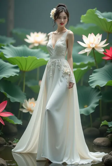 a woman in an elegant, flowing white gown adorned with floral designs. She is standing in a serene environment surrounded by large lotus flowers in various colors, including white and red, along with broad green leaves. The setting resembles a tranquil gar...