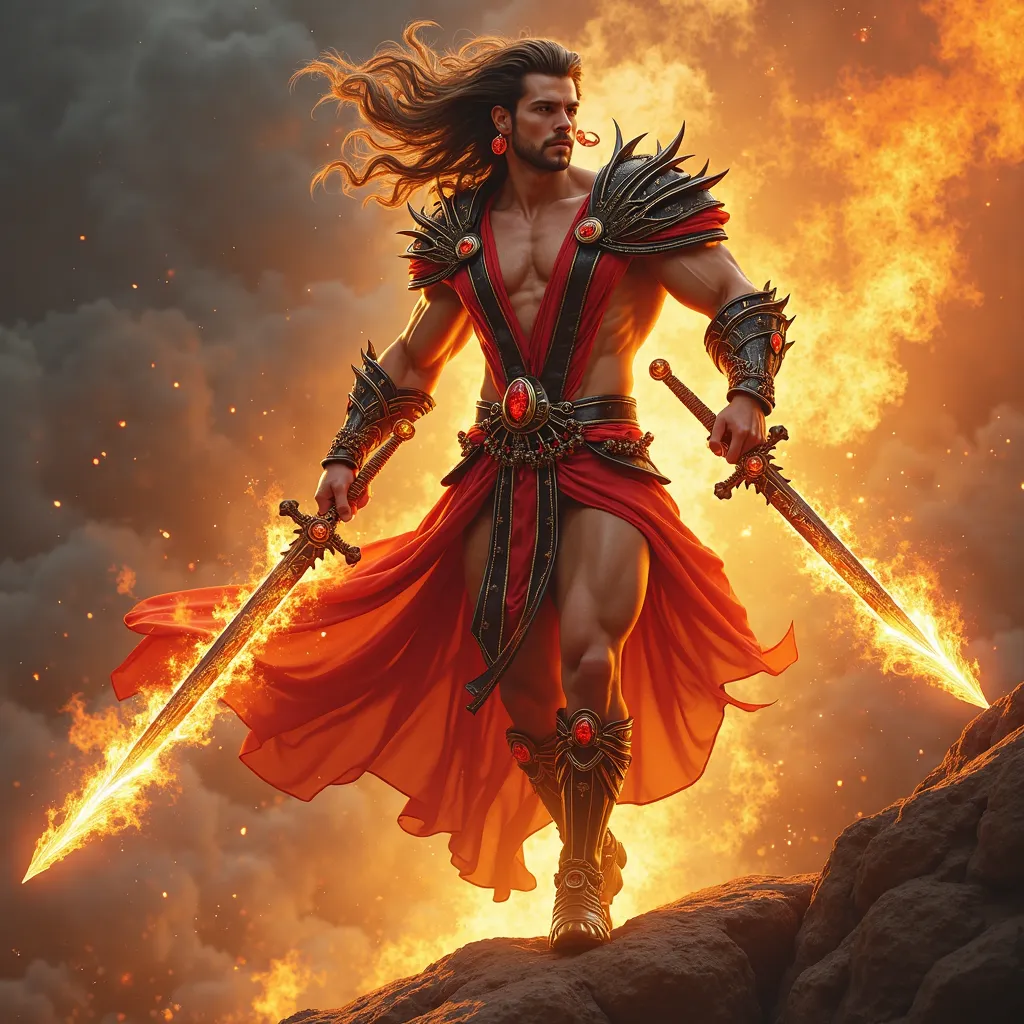 A celestial male, god of flame. extremely handsome young male body builder with v-shaped torso with narrow waist. Muscular legs with big well rounded buttocks. Fiery eyes, large plump full Lucious lips. fierce flaming warrior in fiery red and black very se...