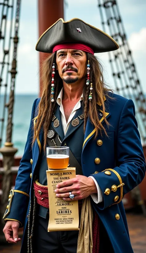 A bizarre yet captivating fusion of Donald Trump and Captain Jack Sparrow emerges, embodying both the bold presence of a billionaire and the wild unpredictability of a pirate. His outfit is a dazzling mix of a navy-blue suit with gold trimmings, layered wi...