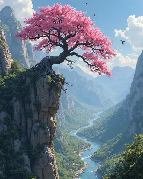 A large pink blossoming old tree hanging with its roots on a rock high in mountains, great view of the river, small village , many forests, And a few flying birds 