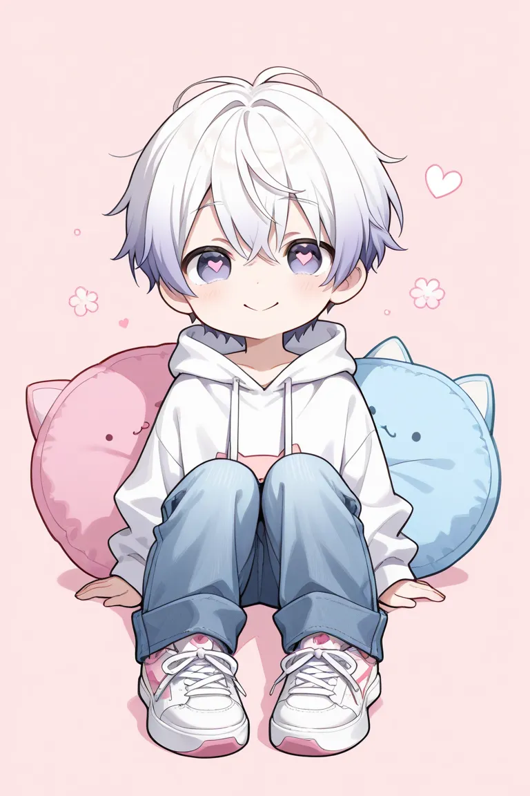 4:4、white hair 、black gradient hair 、short hair、light purple eyes、heart eyes、white hoodie、WIDE DENIM PANTS、Sneakers、pastel color、watercolor、white film、high quality,(1boy ), chibi,Alone,(small face),(narrow chin),natural skin,(droopy eyes)、cute,(very kawaii...