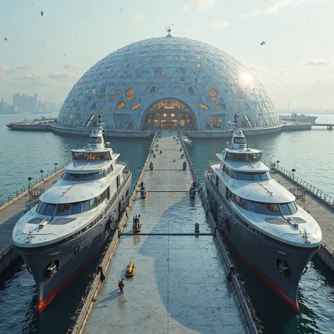 private,  small, seaport of the city of the future, equipped with the latest technologies. Ships are parked on both sides of the ramp. Port, technology of the new. style is covered by a special dome, where at the top of the dome there is a road for parking...