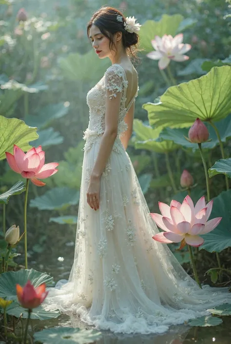 a woman in an elegant, flowing white gown adorned with floral designs. She is standing in a serene environment surrounded by large lotus flowers in various colors, including white and red, along with broad green leaves. The setting resembles a tranquil gar...