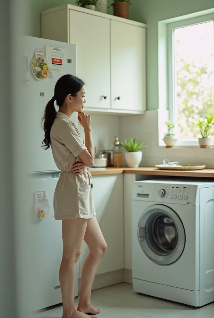 A beautiful Asian woman in a housesuit, standing in a modern kitchen with a dishwasher, refrigerator , hands against chin, stares at the washing machine with a look of contemplation and wonder. A bright green spring light shines through a nearby window.