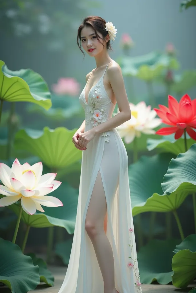 a woman in an elegant, flowing white gown adorned with floral designs. She is standing in a serene environment surrounded by large lotus flowers in various colors, including white and red, along with broad green leaves. The setting resembles a tranquil gar...